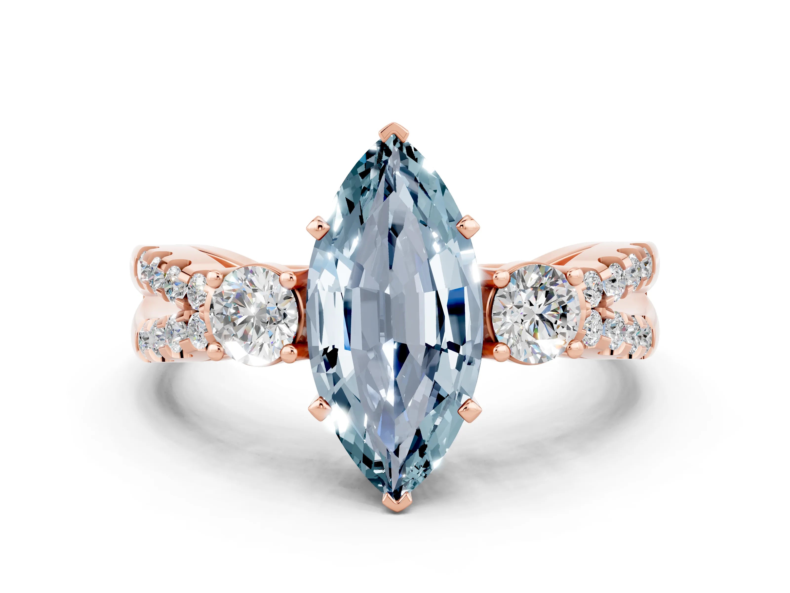 Rose gold Marquise Cut Aquamarine Three-Stone Ring with Pavé Split Shank and Four-Prong Setting_12