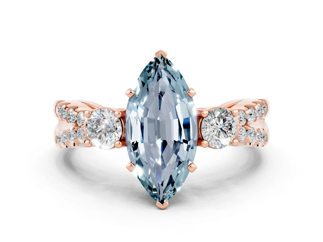 Rose gold Marquise Cut Aquamarine Three-Stone Ring with Pavé Split Shank and Four-Prong Setting_12