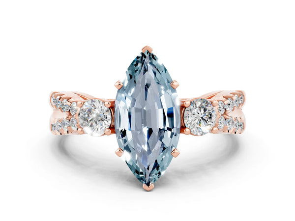 Rose gold Marquise Cut Aquamarine Three-Stone Ring with Pavé Split Shank and Four-Prong Setting