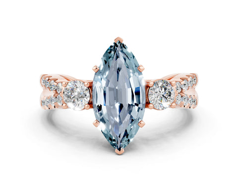Rose gold Marquise Cut Aquamarine Three-Stone Ring with Pavé Split Shank and Four-Prong Setting_12