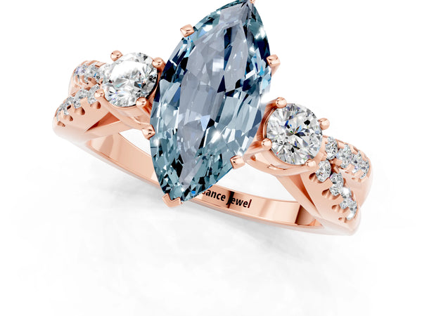 Rose gold Marquise Cut Aquamarine Three-Stone Ring with Pavé Split Shank and Four-Prong Setting