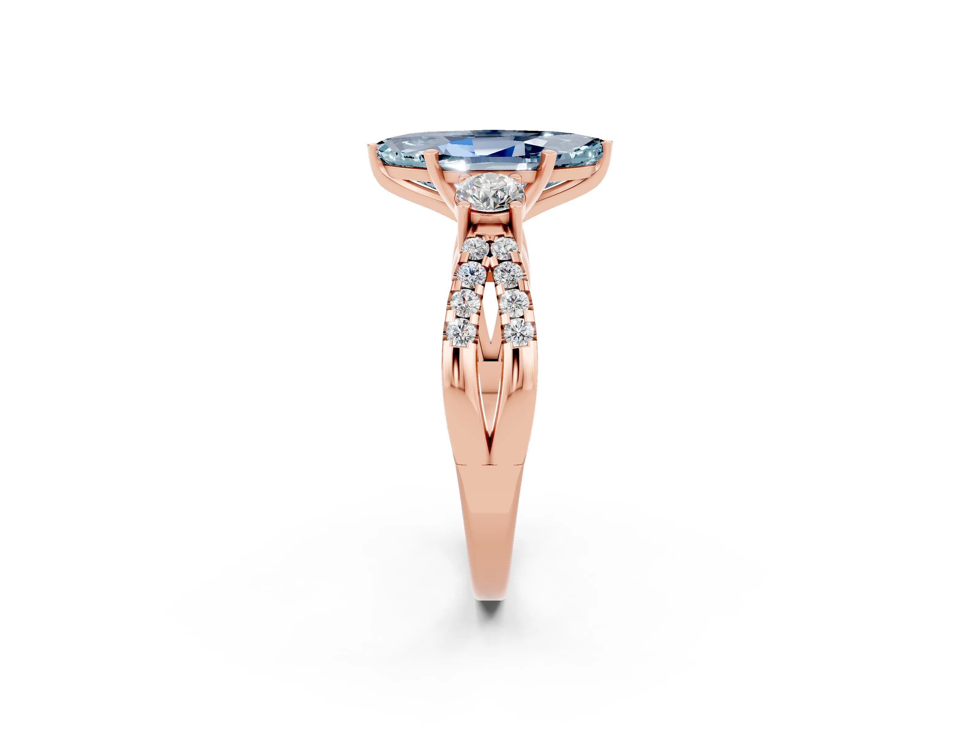 Rose gold Marquise Cut Aquamarine Three-Stone Ring with Pavé Split Shank and Four-Prong Setting_14