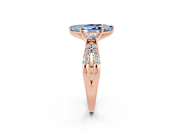 Rose gold Marquise Cut Aquamarine Three-Stone Ring with Pavé Split Shank and Four-Prong Setting