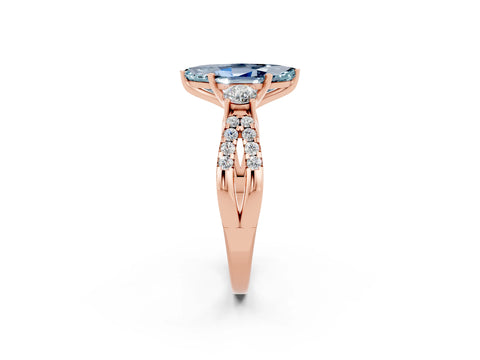 Rose gold Marquise Cut Aquamarine Three-Stone Ring with Pavé Split Shank and Four-Prong Setting_14