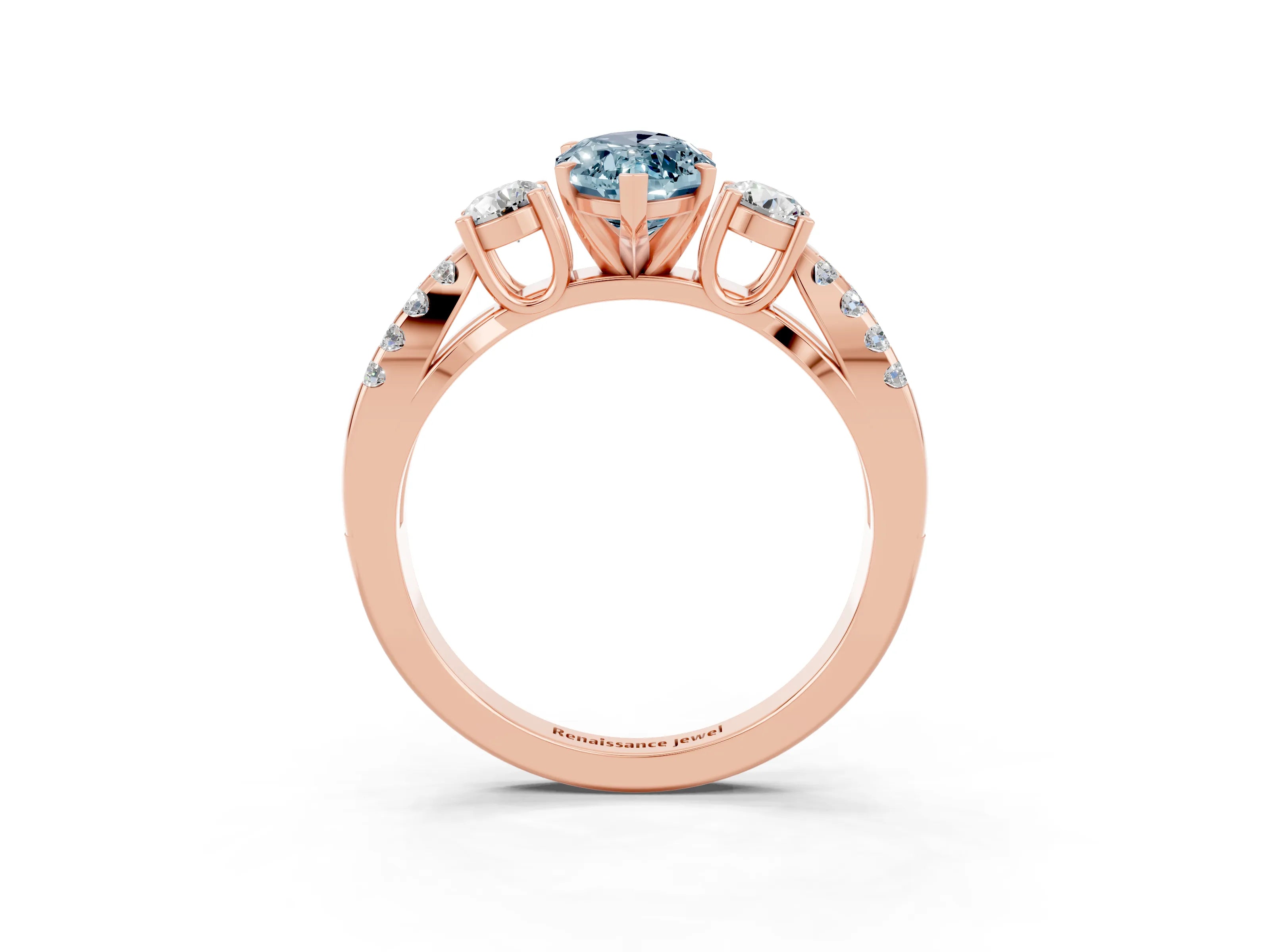 Rose gold Marquise Cut Aquamarine Three-Stone Ring with Pavé Split Shank and Four-Prong Setting_15