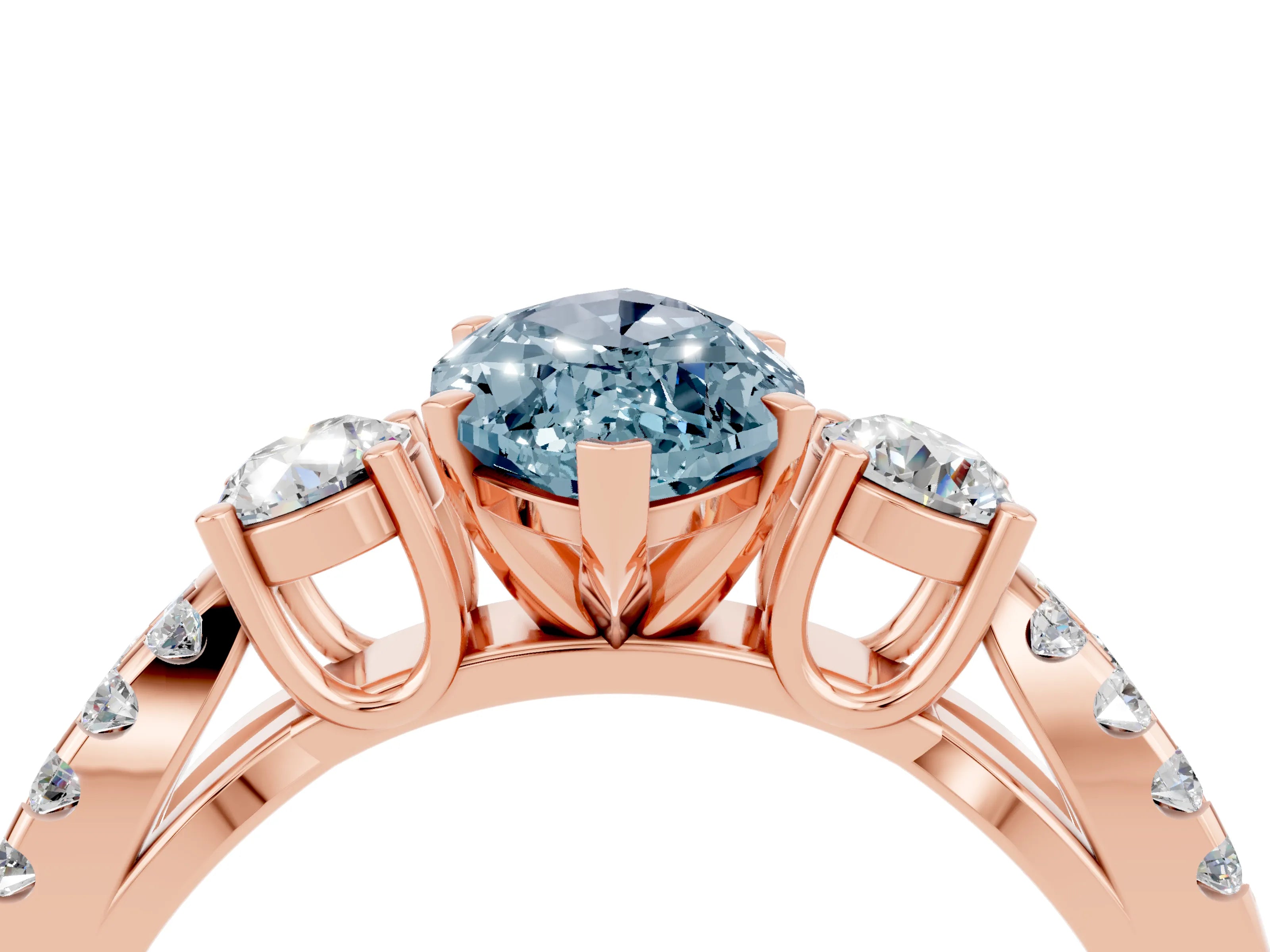Rose gold Marquise Cut Aquamarine Three-Stone Ring with Pavé Split Shank and Four-Prong Setting_16