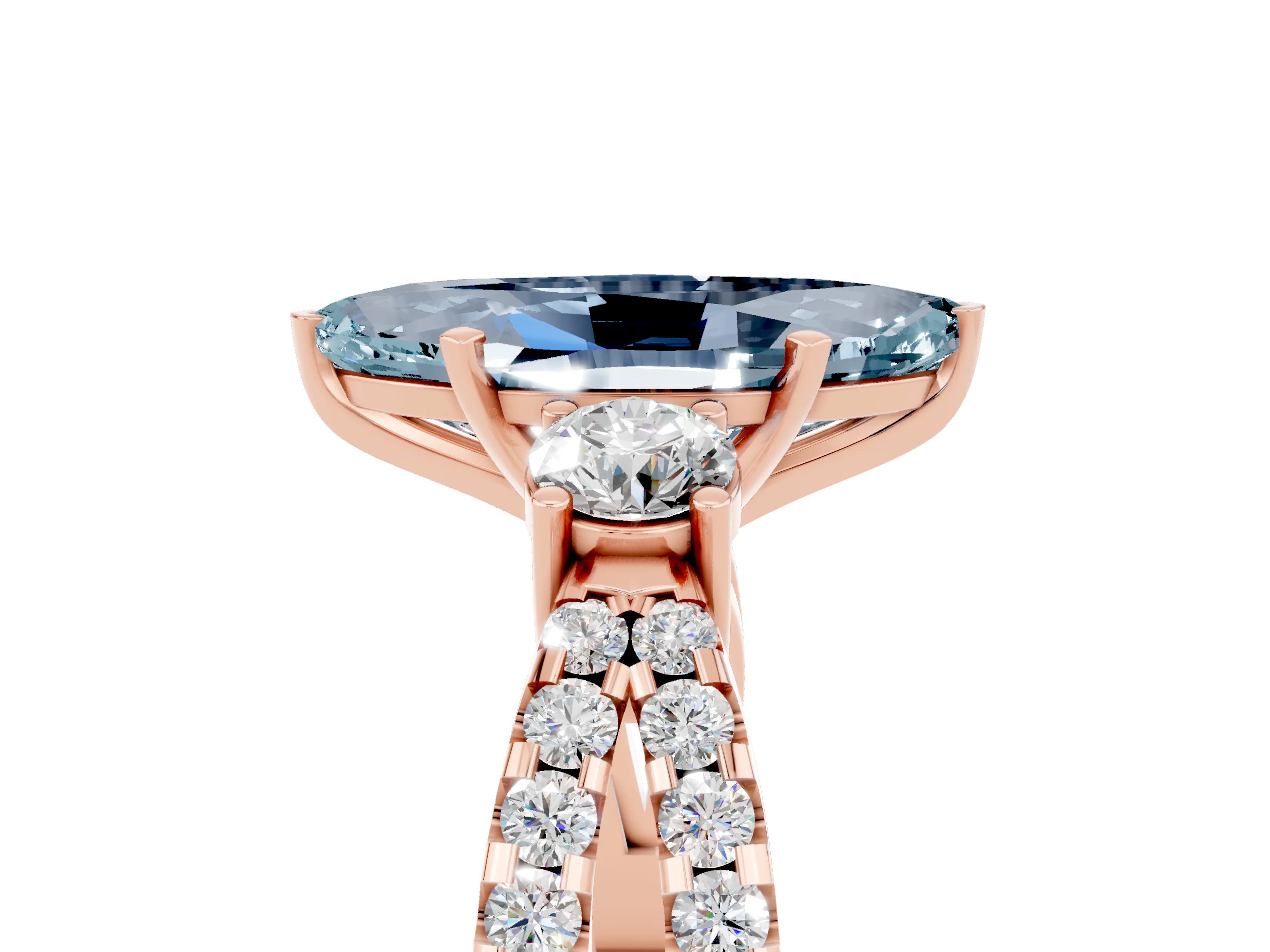 Rose gold Marquise Cut Aquamarine Three-Stone Ring with Pavé Split Shank and Four-Prong Setting_17