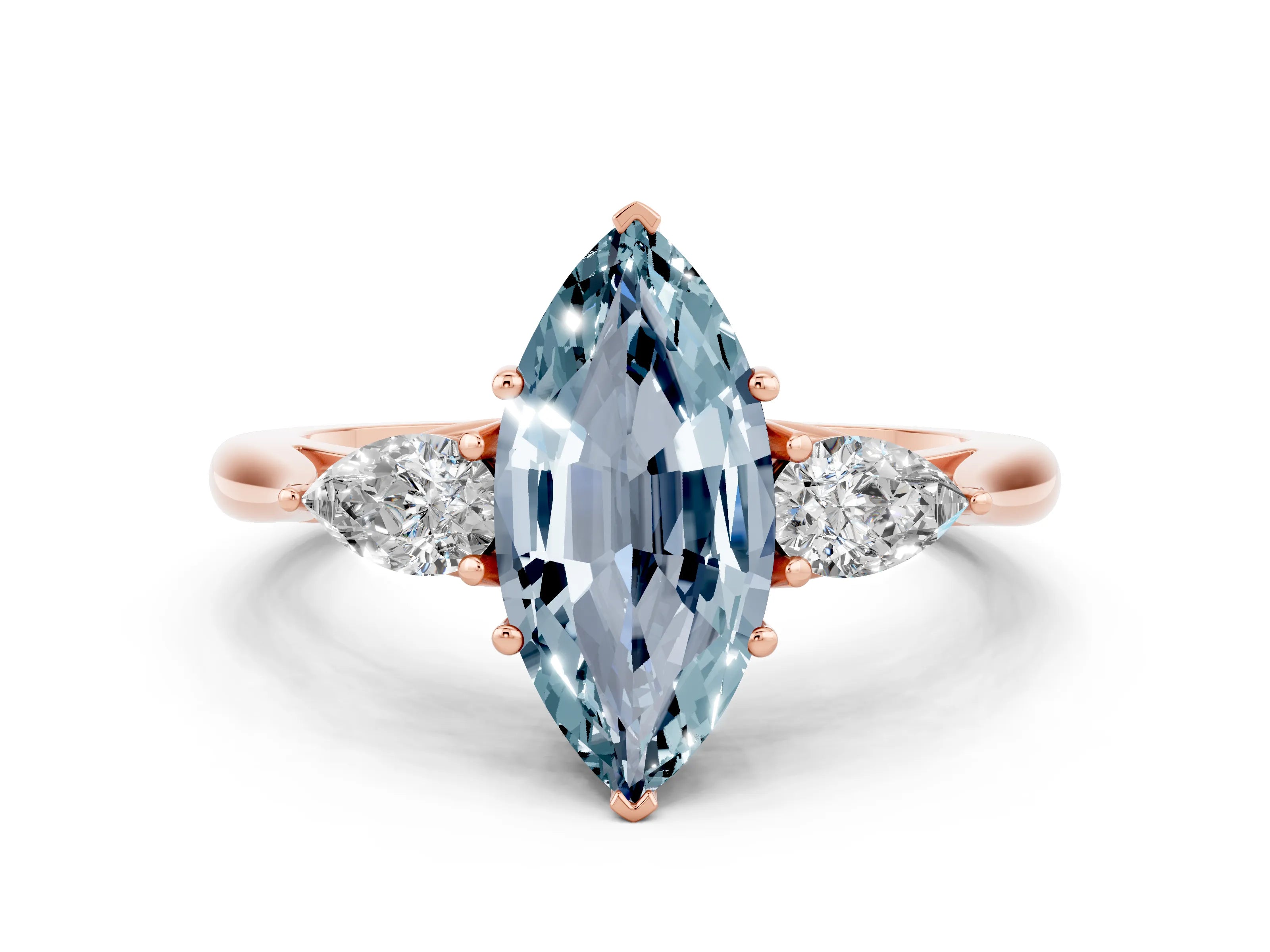 Rose gold Marquise Cut Aquamarine Three-Stone Ring with Pear Side Stones and Four-Prong Setting_12