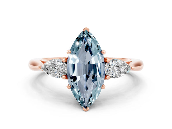 Rose gold Marquise Cut Aquamarine Three-Stone Ring with Pear  Side Stones and Prong Setting