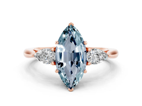 Rose gold Marquise Cut Aquamarine Three-Stone Ring with Pear Side Stones and Four-Prong Setting_12