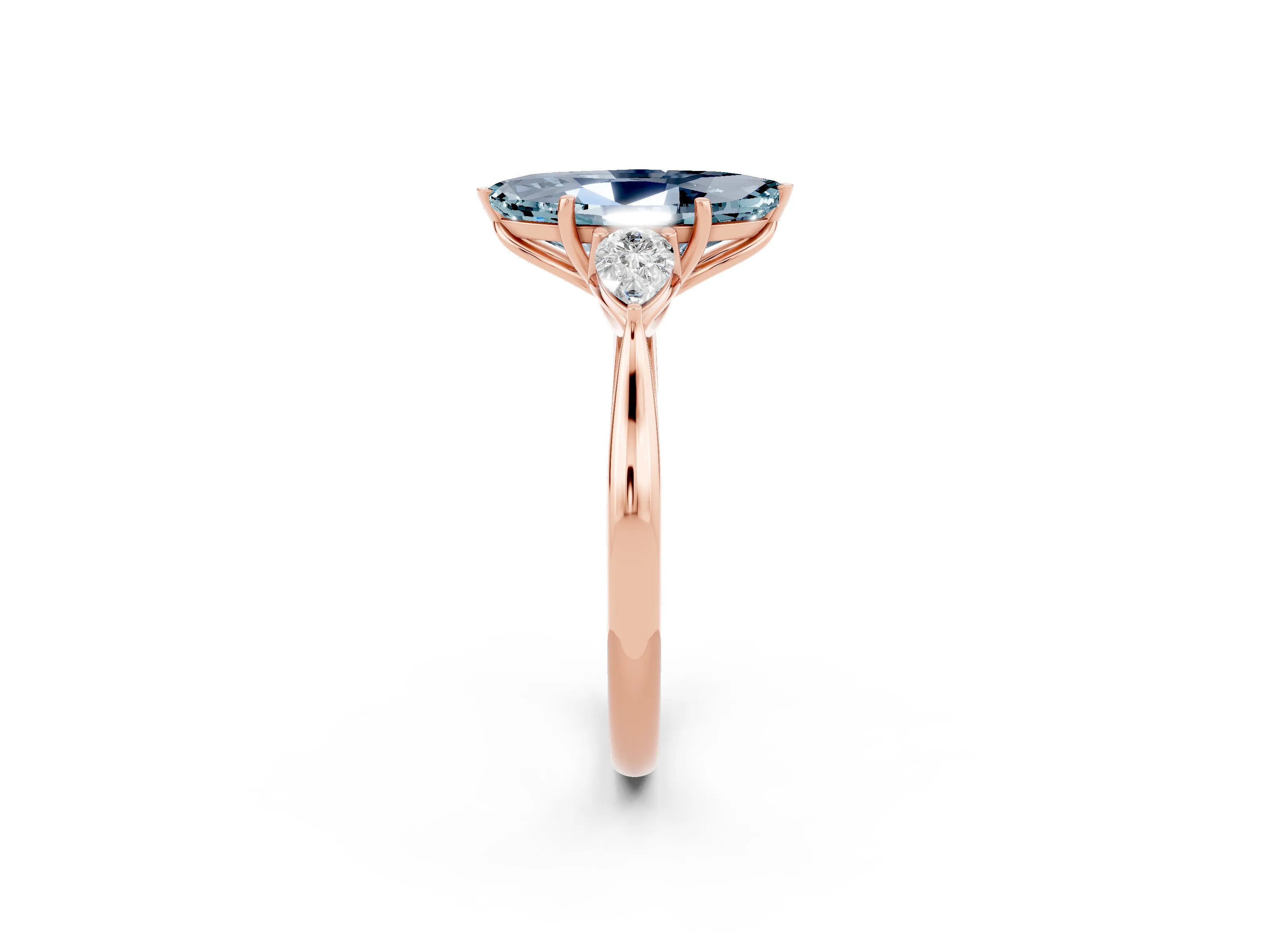 Rose gold Marquise Cut Aquamarine Three-Stone Ring with Pear Side Stones and Four-Prong Setting_14