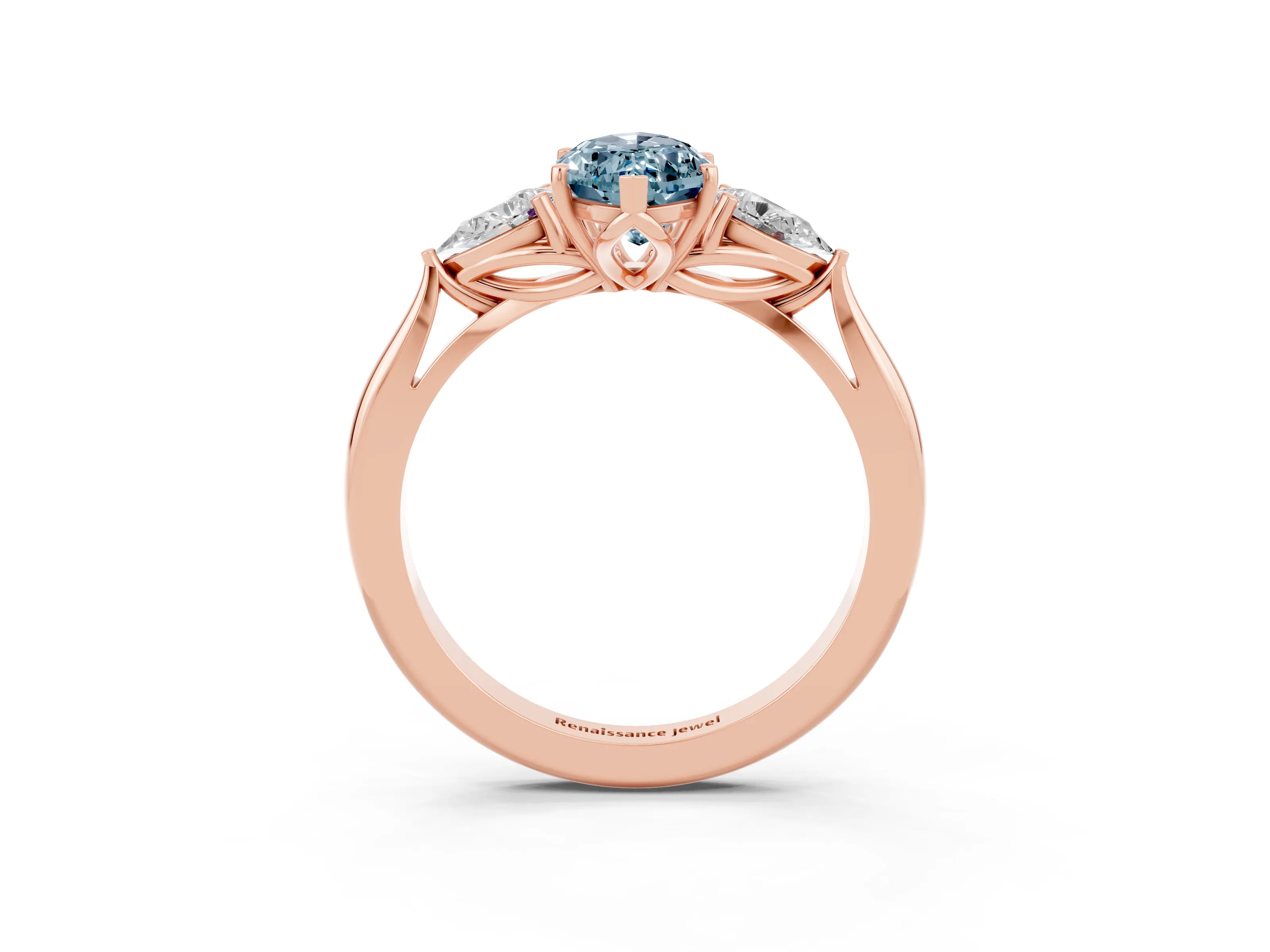 Rose gold Marquise Cut Aquamarine Three-Stone Ring with Pear Side Stones and Four-Prong Setting_15