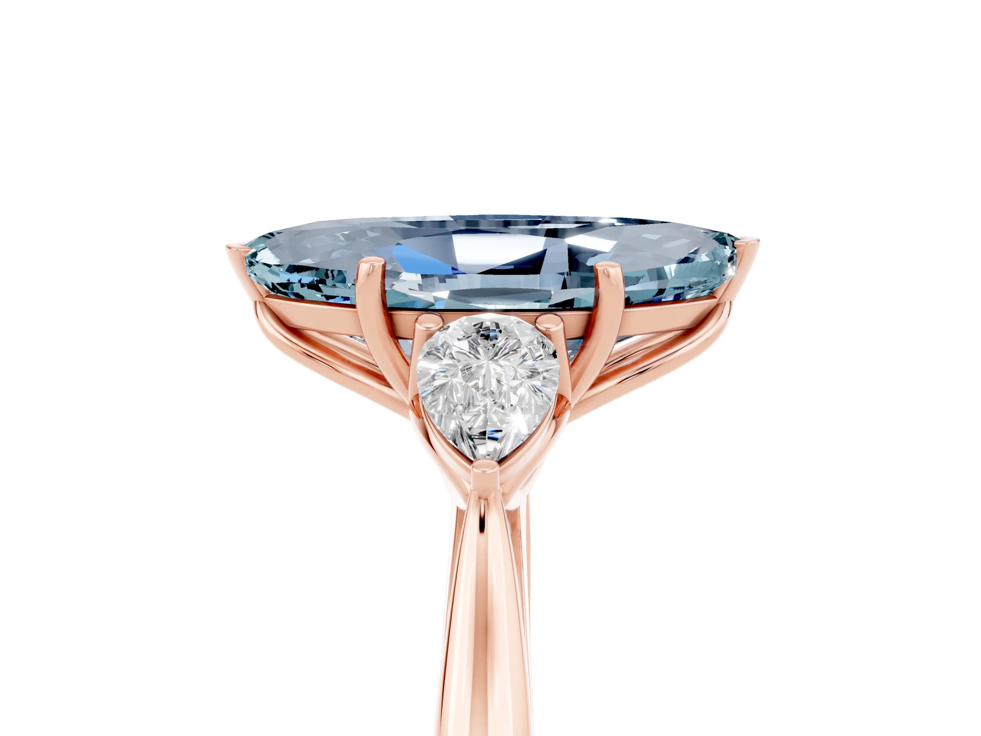 Rose gold Marquise Cut Aquamarine Three-Stone Ring with Pear Side Stones and Four-Prong Setting_17