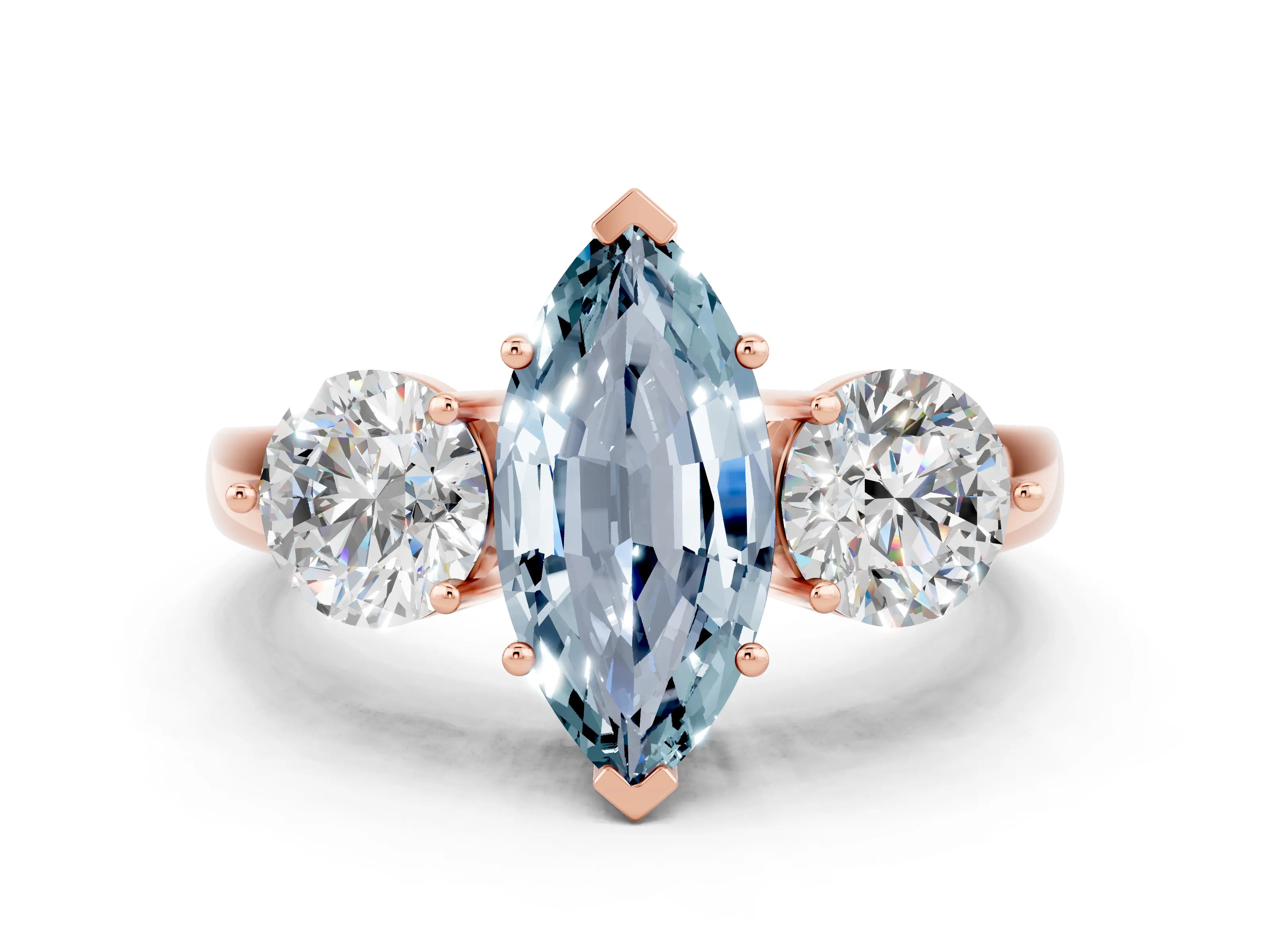 Rose gold Marquise Cut Aquamarine Three-Stone Ring with Prong Setting and Classic Band