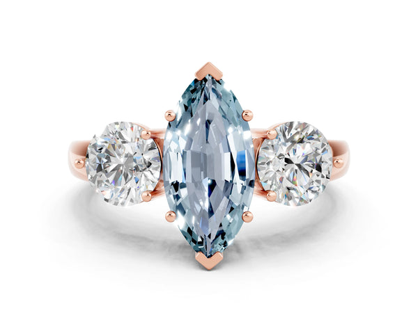 Rose gold Marquise Cut Aquamarine Three-Stone Ring with Prong Setting and Classic Band