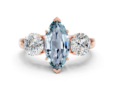 Rose gold Marquise Cut Aquamarine Three-Stone Ring with Prong Setting and Classic Band