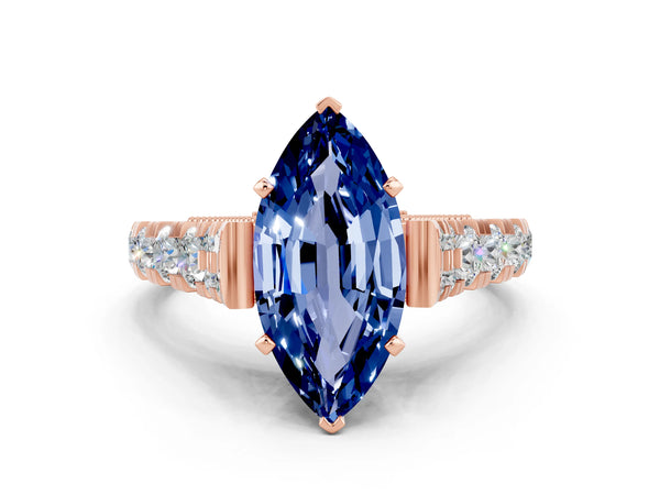 Rose gold Marquise Cut Blue Sapphire Classic Solitaire Ring with Pavé Band and Four-Prong Setting