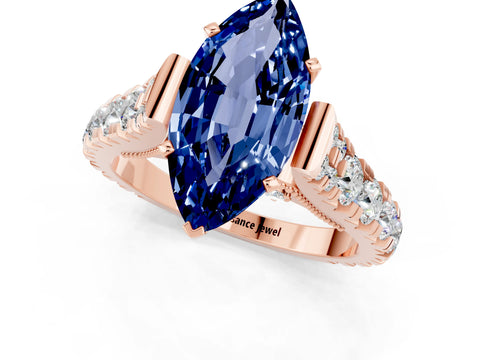 Rose gold Marquise Cut Blue Sapphire Classic Solitaire Ring with Pavé Band and Four-Prong Setting_1