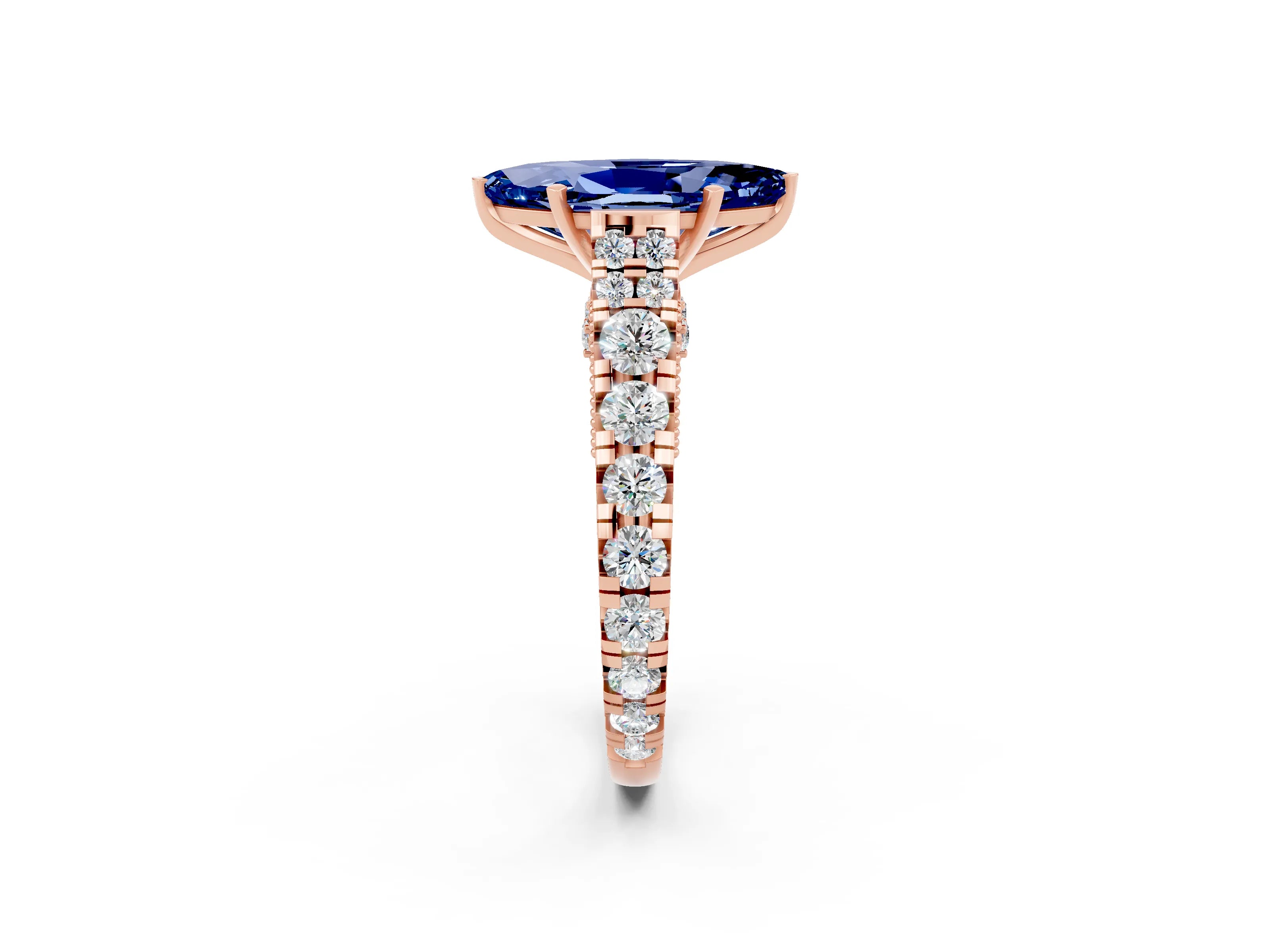 Rose gold Marquise Cut Blue Sapphire Classic Solitaire Ring with Pavé Band and Four-Prong Setting_2