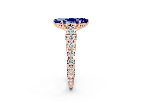 Rose gold Marquise Cut Blue Sapphire Classic Solitaire Ring with Pavé Band and Four-Prong Setting