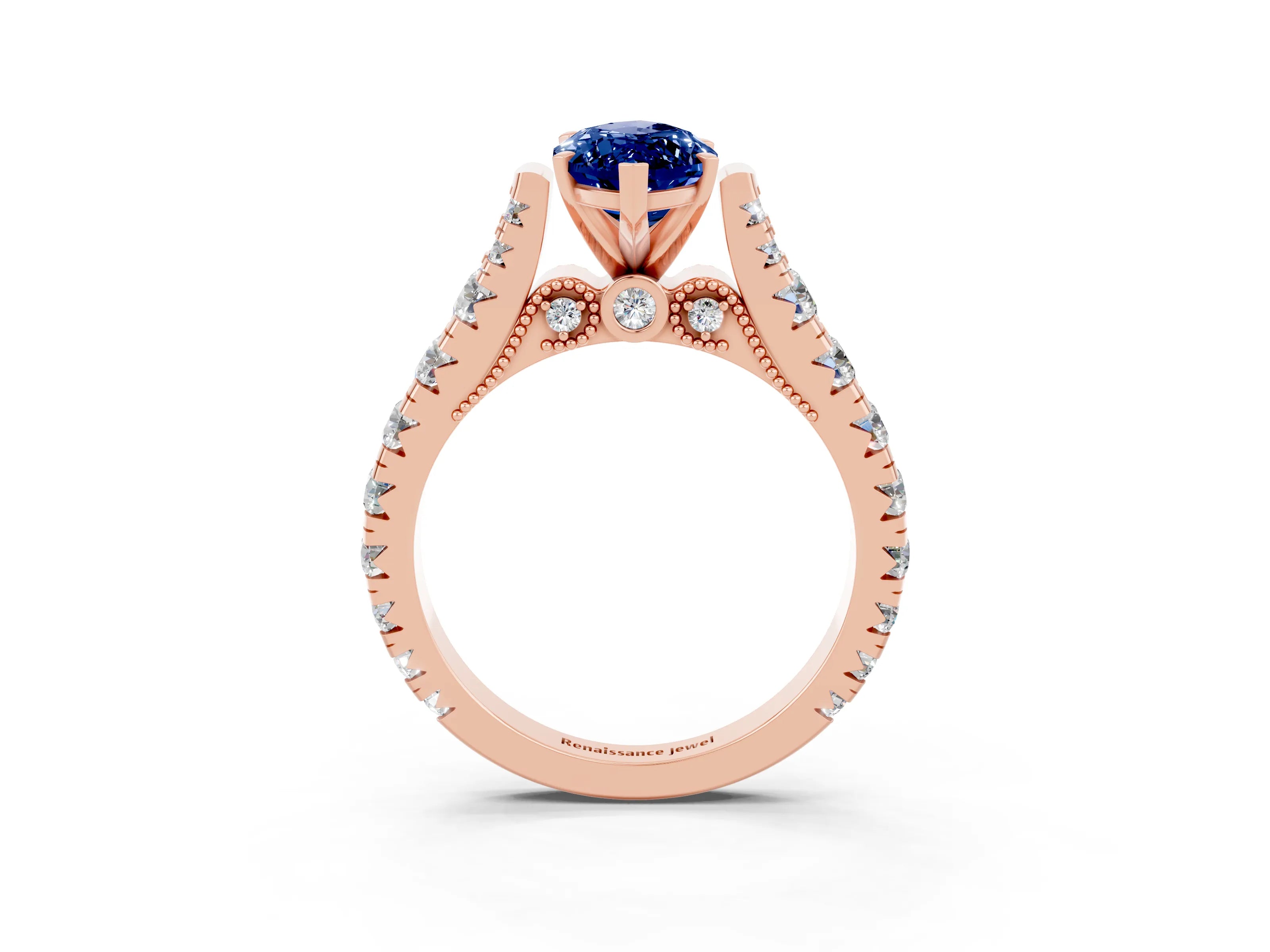 Rose gold Marquise Cut Blue Sapphire Classic Solitaire Ring with Pavé Band and Four-Prong Setting_3