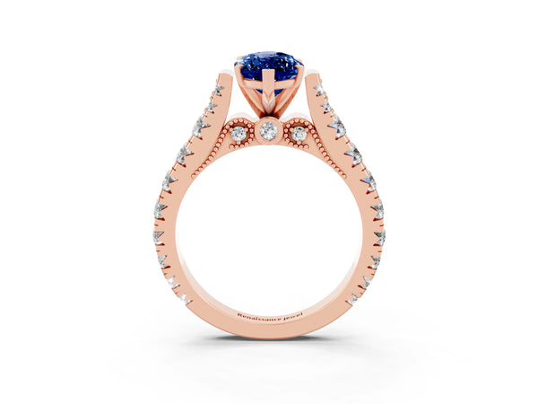 Rose gold Marquise Cut Blue Sapphire Classic Solitaire Ring with Pavé Band and Four-Prong Setting