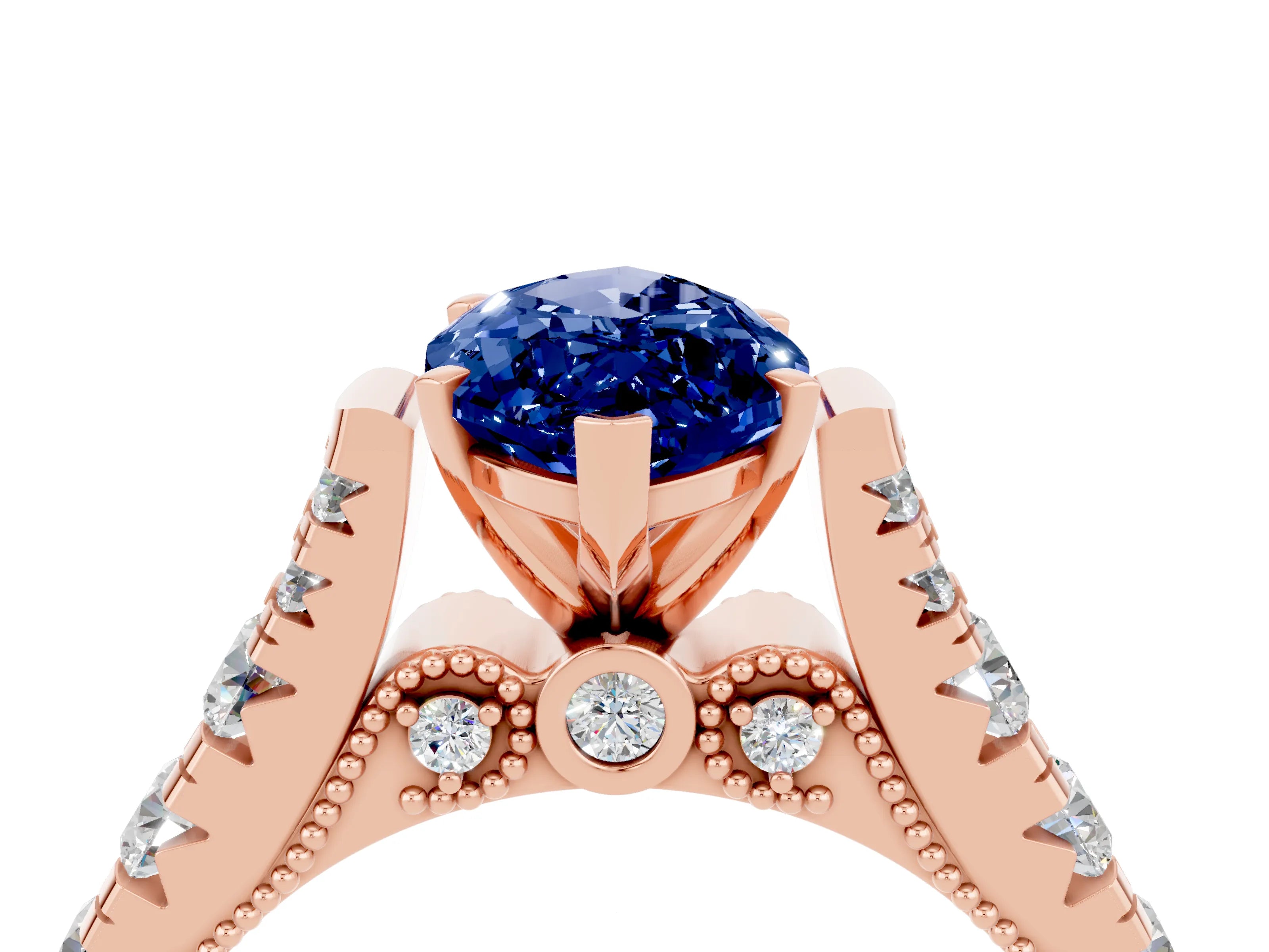 Rose gold Marquise Cut Blue Sapphire Classic Solitaire Ring with Pavé Band and Four-Prong Setting_4