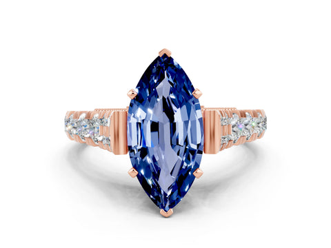 Rose gold Marquise Cut Blue Sapphire Classic Solitaire Ring with Pavé Band and Four-Prong Setting