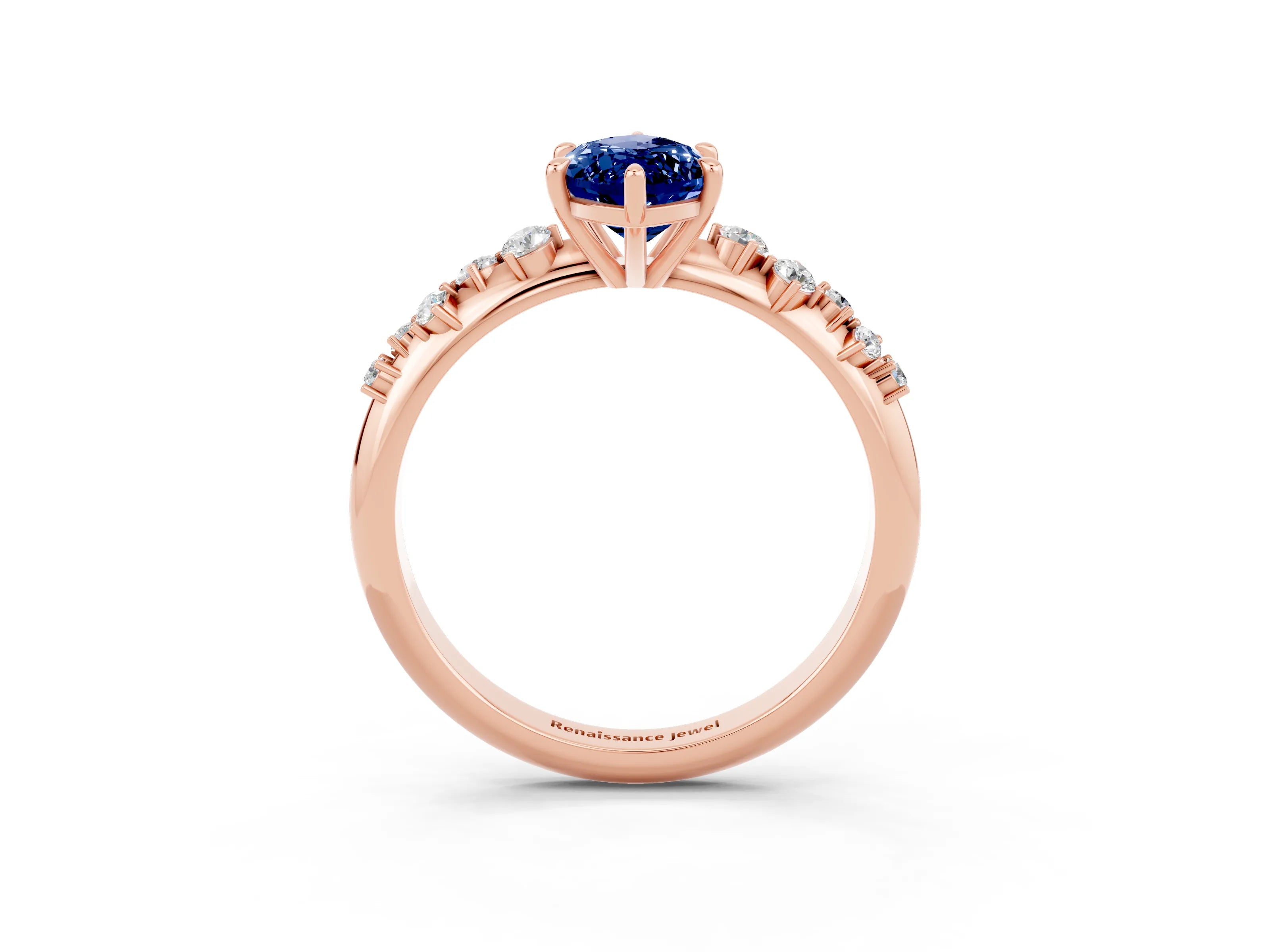 Rose gold Marquise Cut Blue Sapphire Cluster Side Stone Solitaire Ring with Prong Setting_27