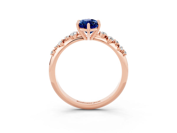 Rose gold Marquise Cut Blue Sapphire Cluster Side Stone Solitaire Ring with Prong Setting