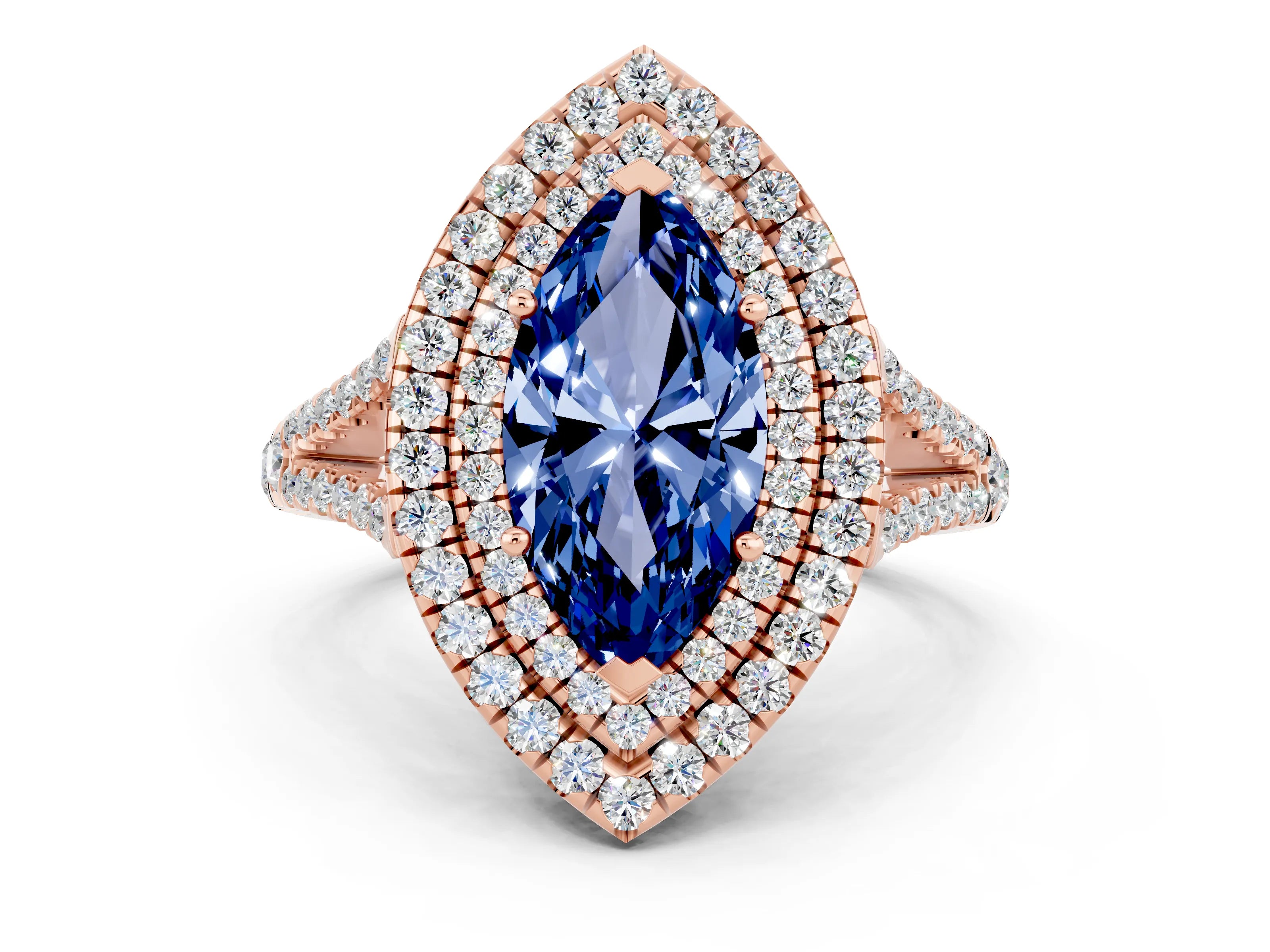 Rose gold Marquise Cut Blue Sapphire Double Halo Ring with Pavé Band and Prong Setting_12