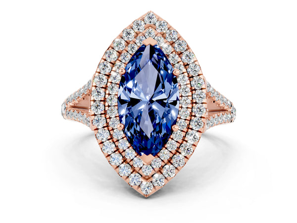 Rose gold Marquise Cut Blue Sapphire Double Halo Ring with Pavé Band and Prong Setting