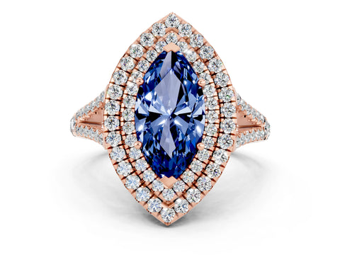 Rose gold Marquise Cut Blue Sapphire Double Halo Ring with Pavé Band and Prong Setting_12