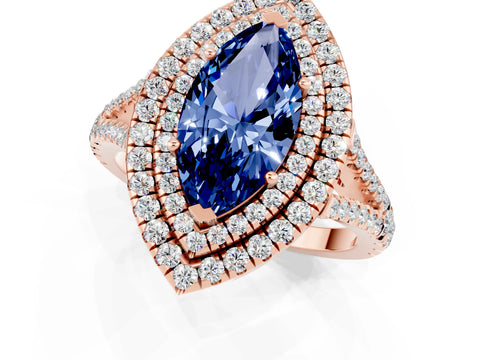 Rose gold Marquise Cut Blue Sapphire Double Halo Ring with Pavé Band and Prong Setting_13