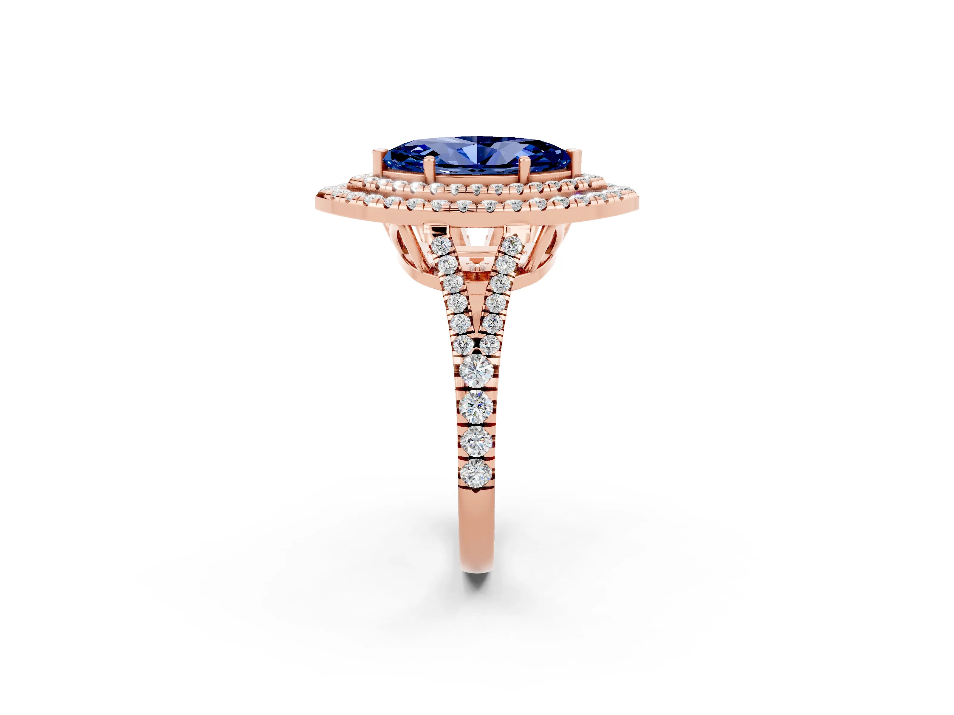 Rose gold Marquise Cut Blue Sapphire Double Halo Ring with Pavé Band and Prong Setting_14