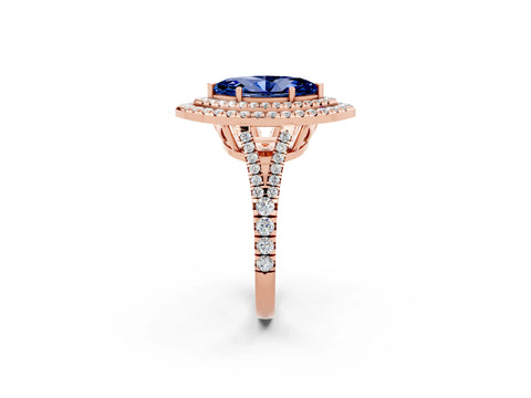 Rose gold Marquise Cut Blue Sapphire Double Halo Ring with Pavé Band and Prong Setting_14