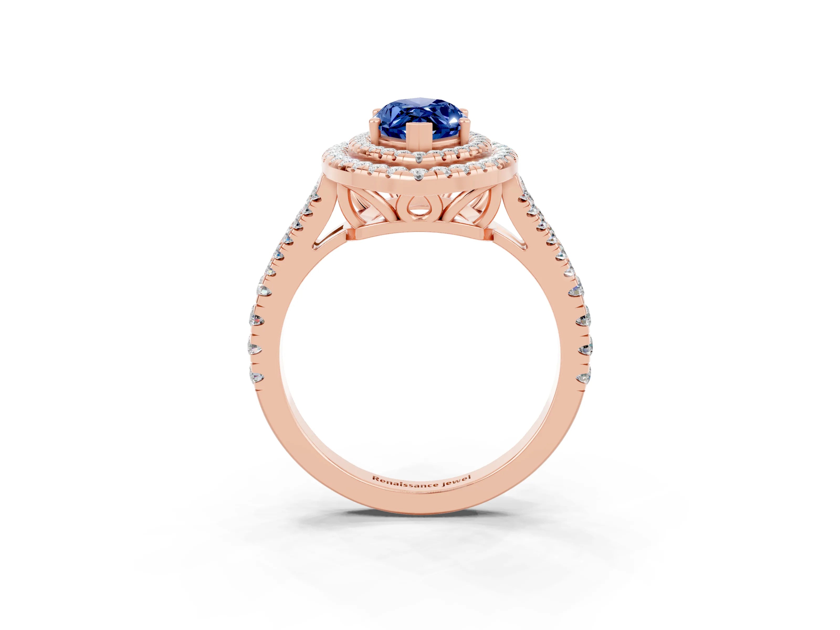 Rose gold Marquise Cut Blue Sapphire Double Halo Ring with Pavé Band and Prong Setting_15