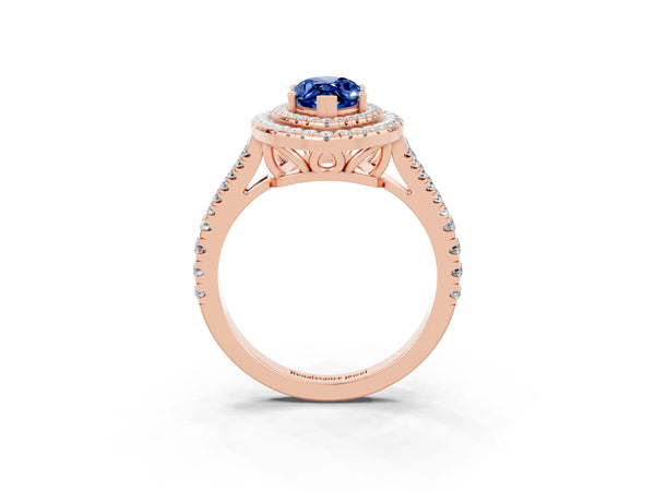 Rose gold Marquise Cut Blue Sapphire Double Halo Ring with Pavé Band and Prong Setting