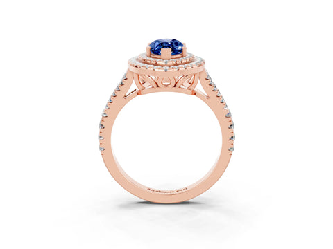 Rose gold Marquise Cut Blue Sapphire Double Halo Ring with Pavé Band and Prong Setting_15