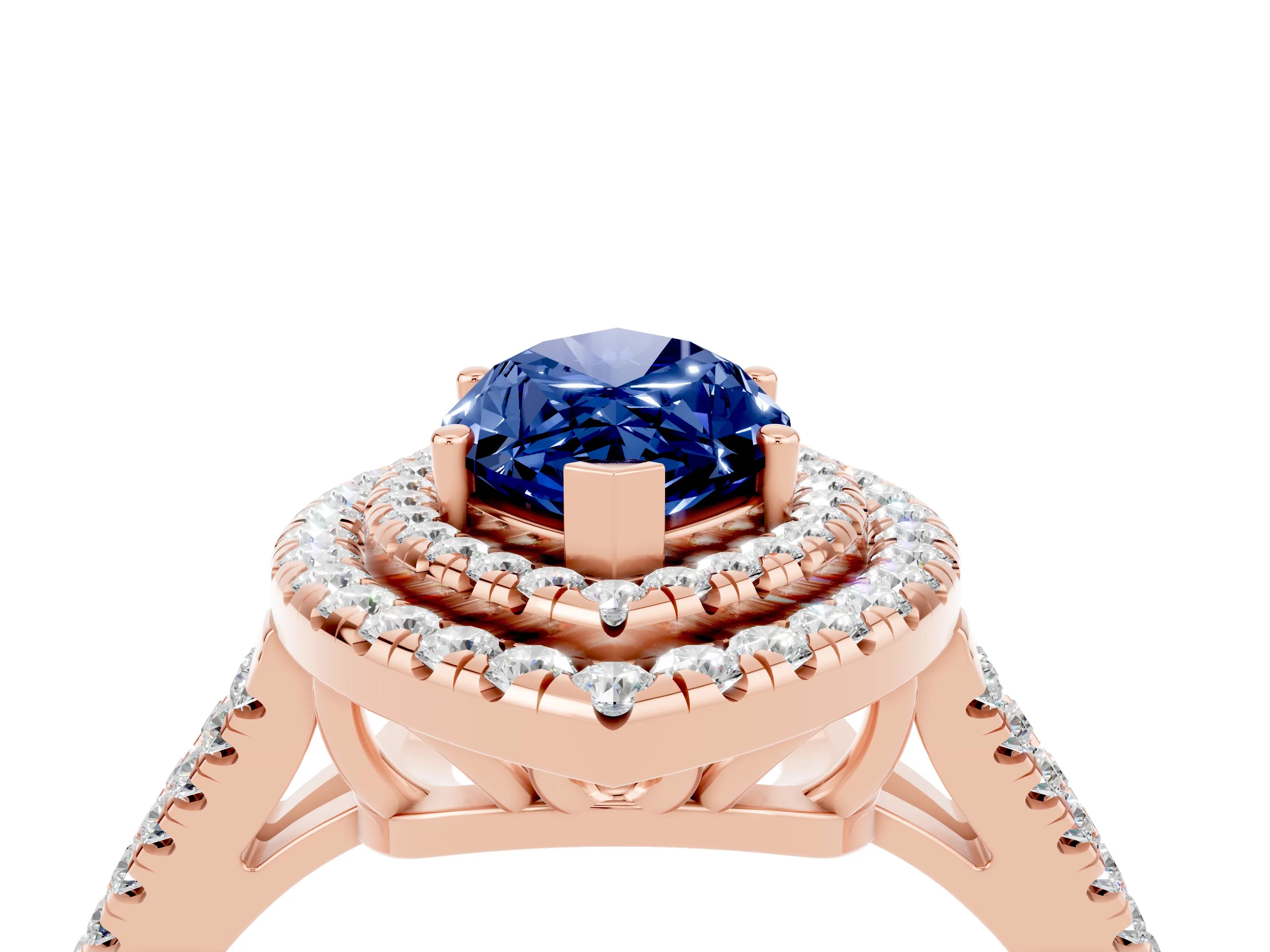 Rose gold Marquise Cut Blue Sapphire Double Halo Ring with Pavé Band and Prong Setting_16