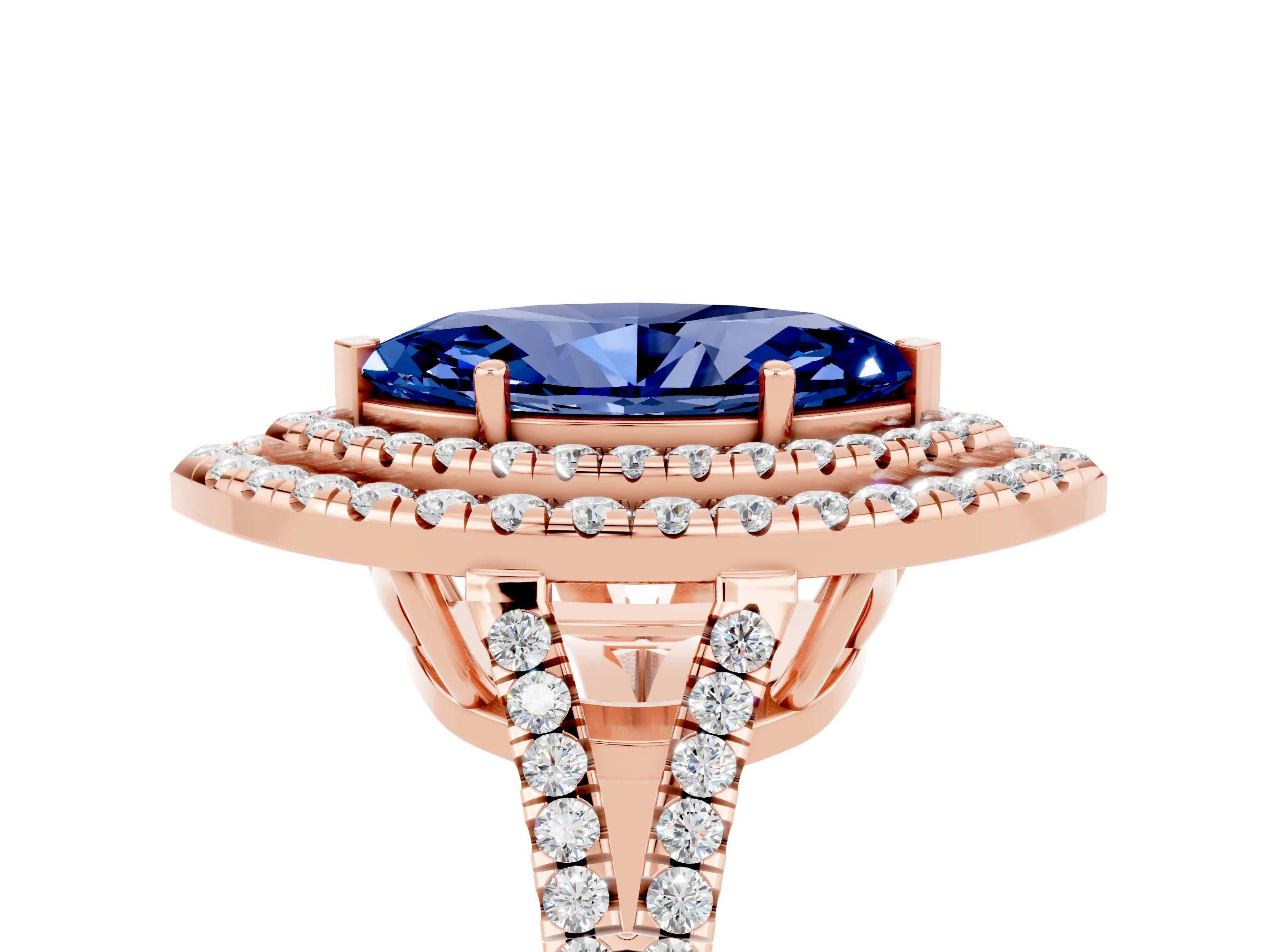 Rose gold Marquise Cut Blue Sapphire Double Halo Ring with Pavé Band and Prong Setting_17
