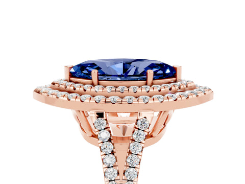 Rose gold Marquise Cut Blue Sapphire Double Halo Ring with Pavé Band and Prong Setting_17