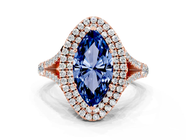 Rose gold Marquise Cut Blue Sapphire Double Halo Ring with Split Shank and Prong Setting