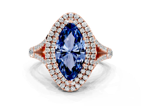 Rose gold Marquise Cut Blue Sapphire Double Halo Ring with Split Shank and Prong Setting_12