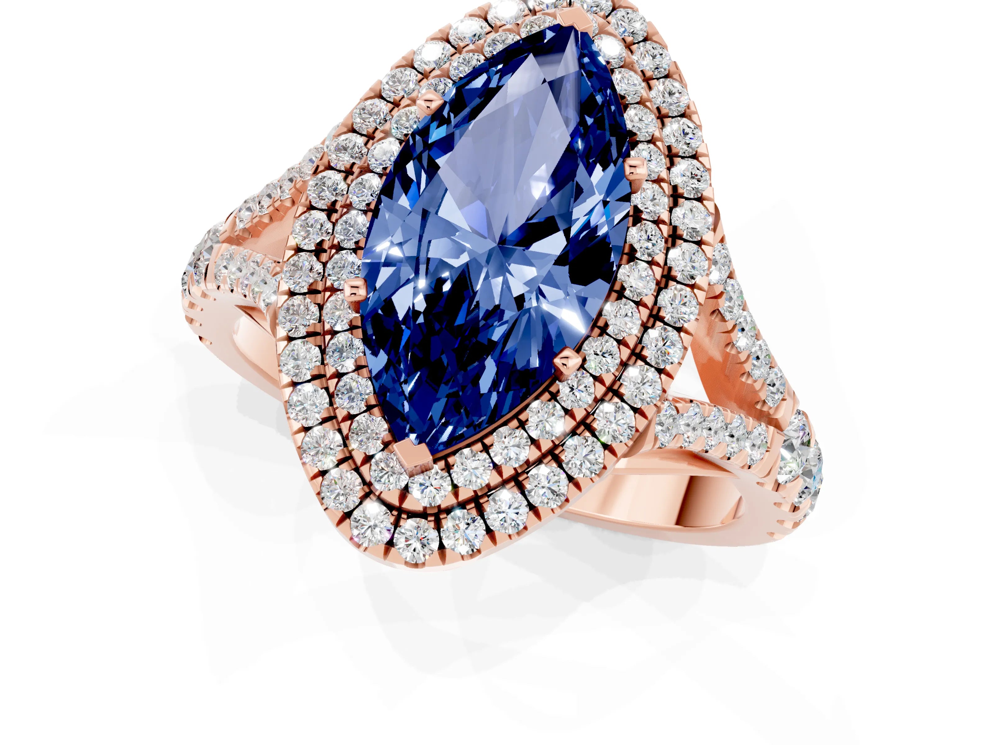Rose gold Marquise Cut Blue Sapphire Double Halo Ring with Split Shank and Prong Setting_13