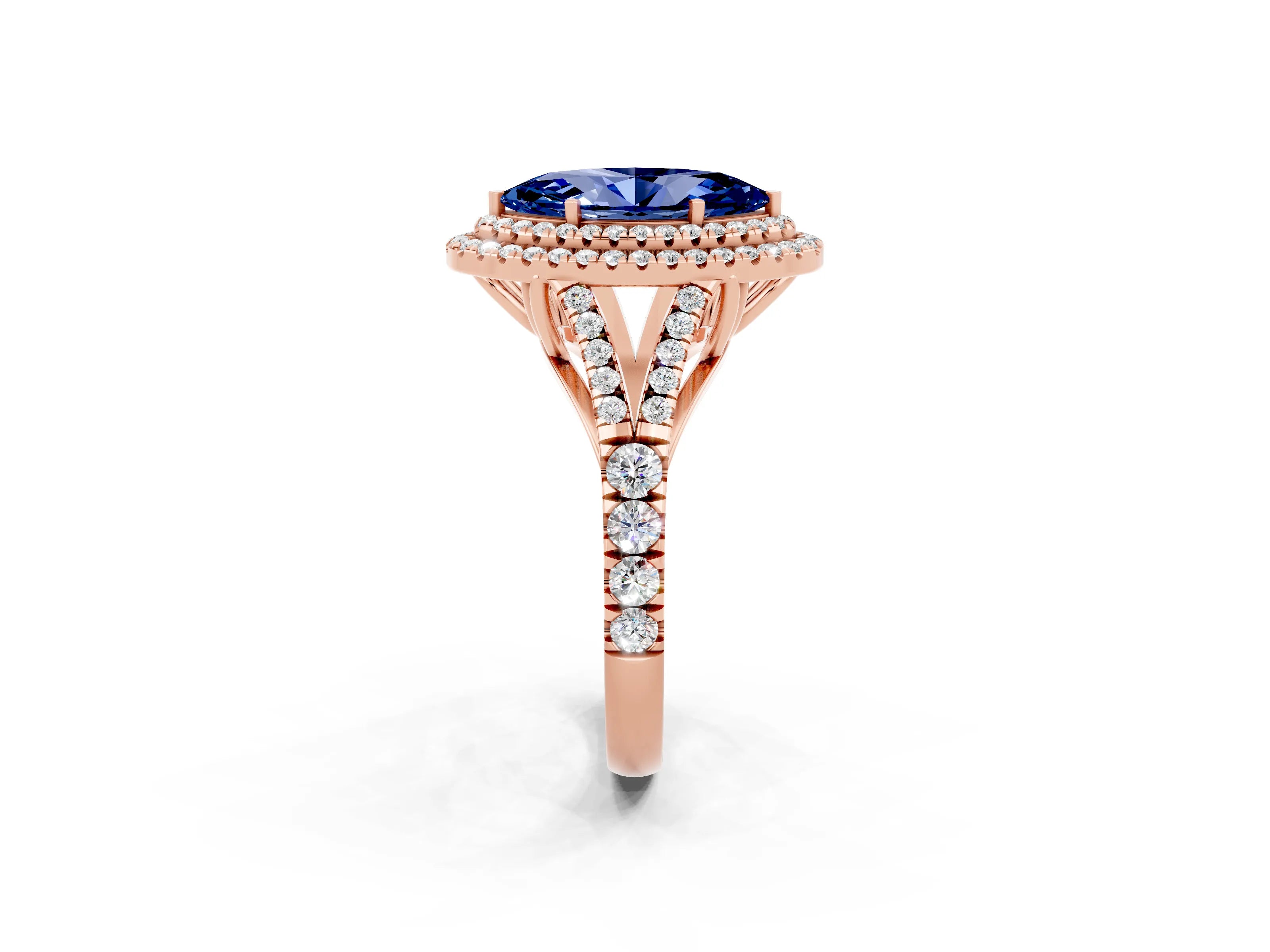 Rose gold Marquise Cut Blue Sapphire Double Halo Ring with Split Shank and Prong Setting_14