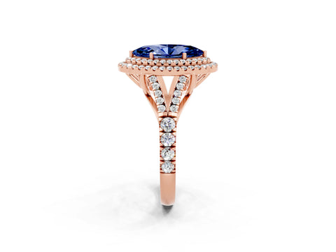 Rose gold Marquise Cut Blue Sapphire Double Halo Ring with Split Shank and Prong Setting_14