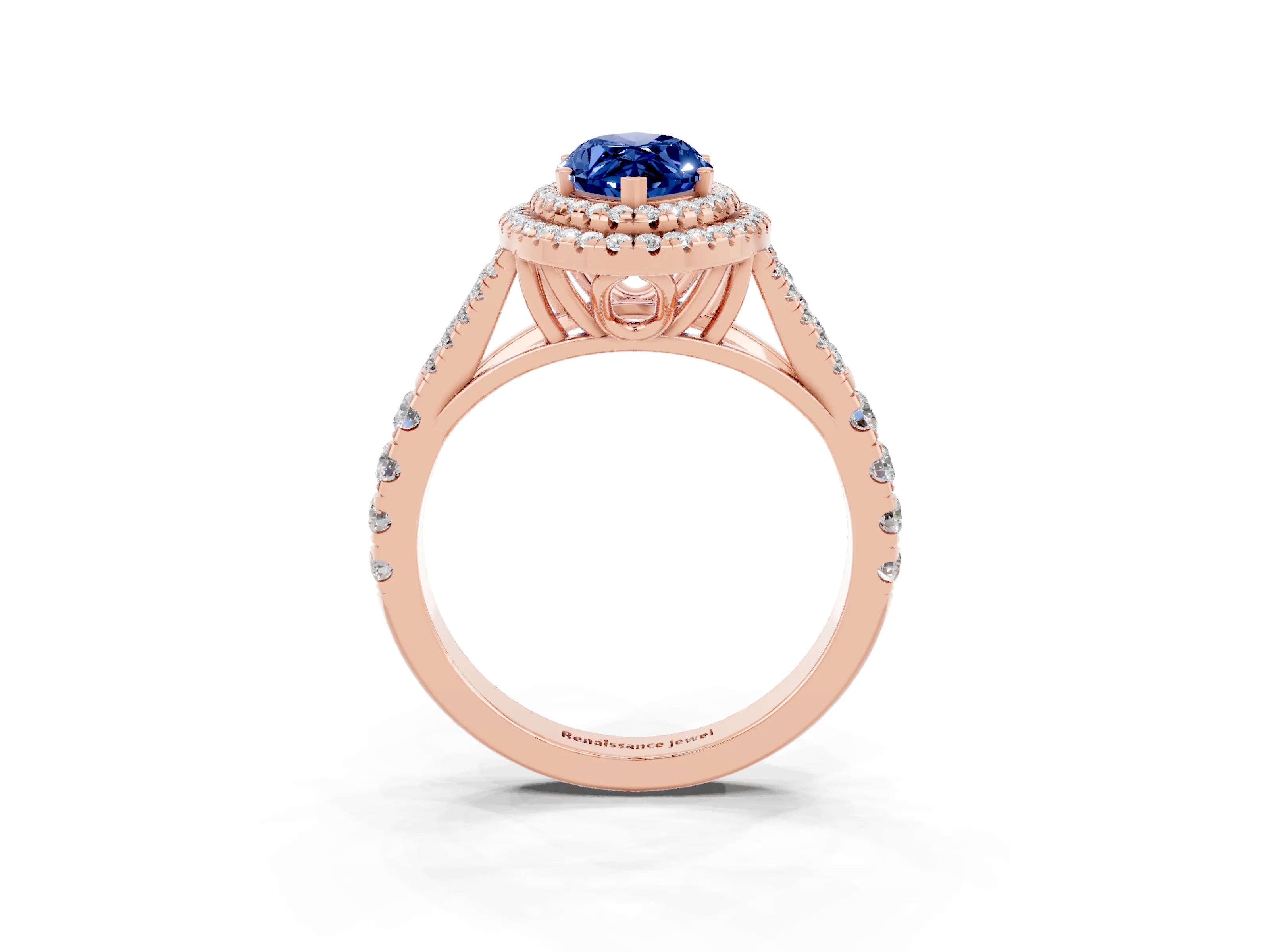 Rose gold Marquise Cut Blue Sapphire Double Halo Ring with Split Shank and Prong Setting_15