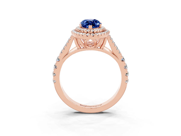 Rose gold Marquise Cut Blue Sapphire Double Halo Ring with Split Shank and Prong Setting