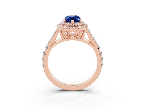 Rose gold Marquise Cut Blue Sapphire Double Halo Ring with Split Shank and Prong Setting_15